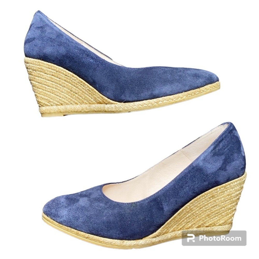 Eric Michael "Teva" Navy Blue Suede Espadrille Round Toe Wedge 2.5” Heels